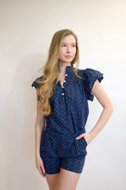 Smocked Top Navy Swiss Dot