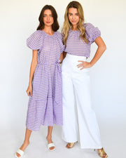 Pink and Purple Check Gathered Neck Dress