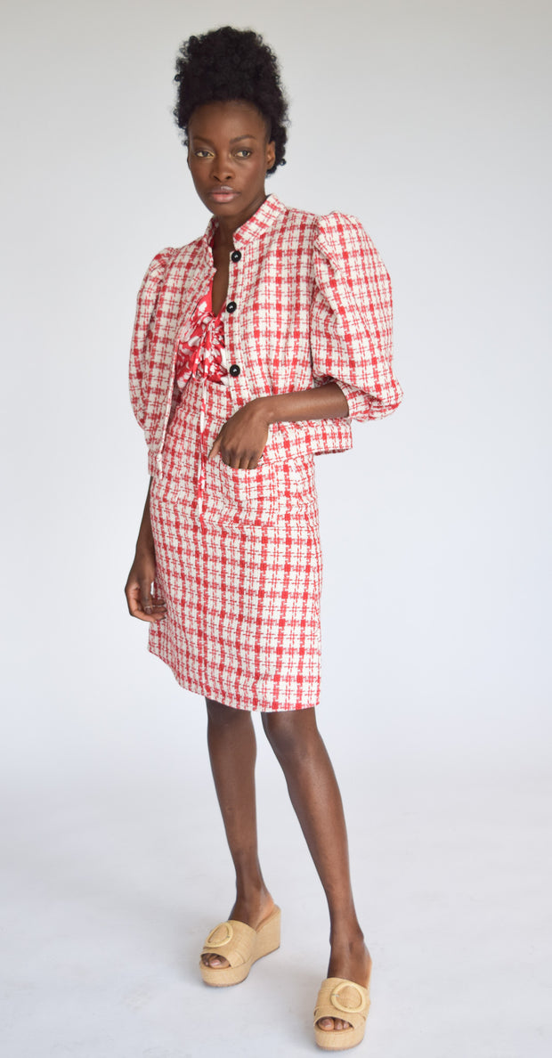 Patch Pocket Skirt Red & White Tweed