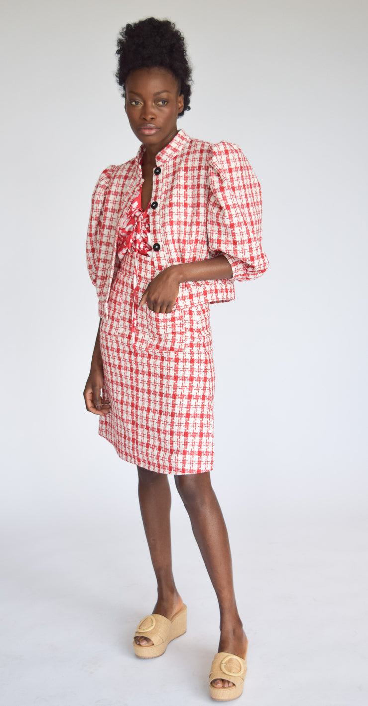 Patch Pocket Skirt Red & White Tweed