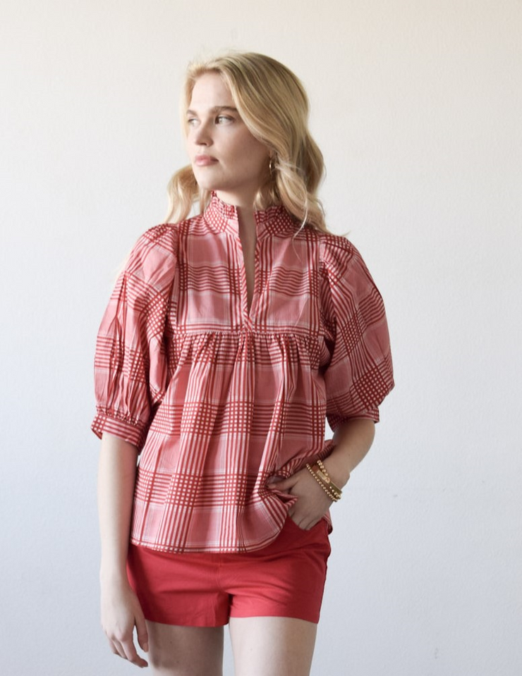 High Neck Top Red Cotton Plaid
