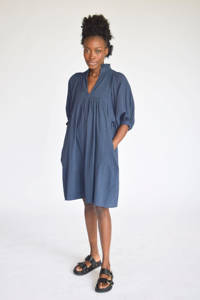 High Neck Dress Navy Seersucker