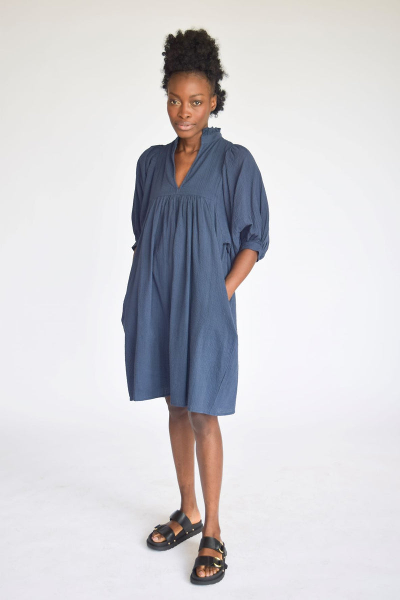 High Neck Dress Navy Seersucker