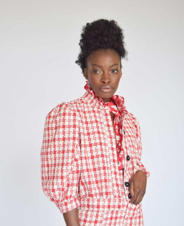 Button Front Jacket Red & White Tweed