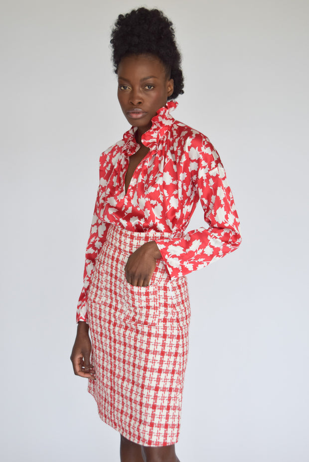 Patch Pocket Skirt Red & White Tweed