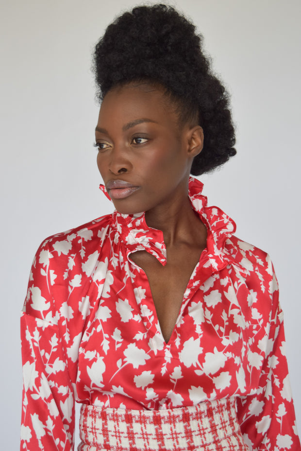 Vicki Long Sleeve Top Shadow Floral Red & White