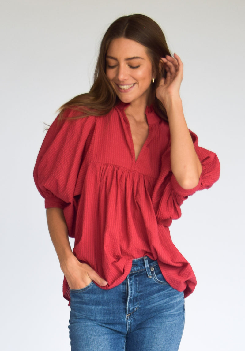 High Neck Top Burgundy Seersucker