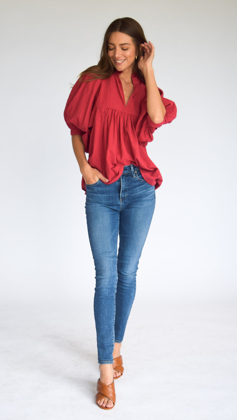 High Neck Top Burgundy Seersucker