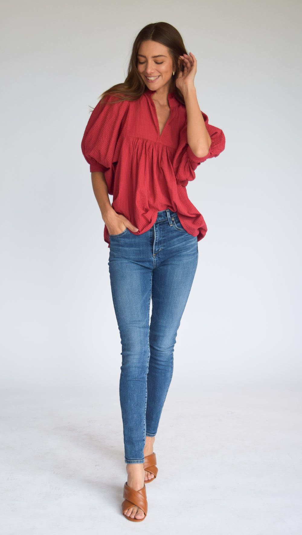 High Neck Top Burgundy Solid Poplin