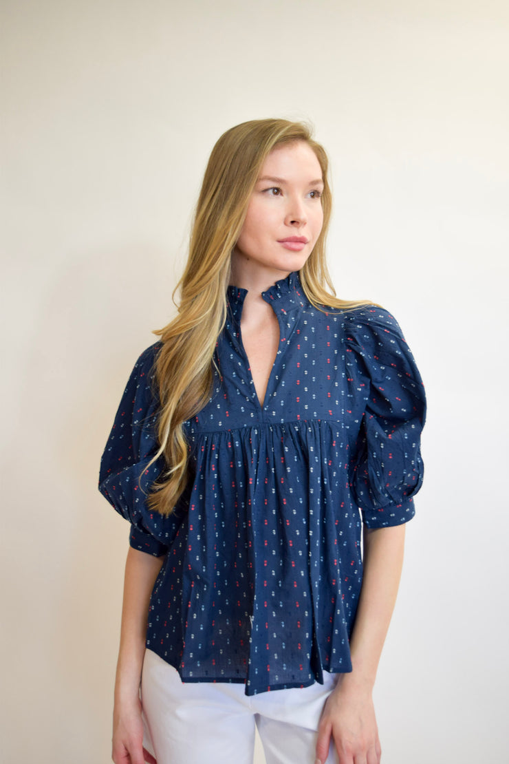 High Neck Top Navy Swiss Dot