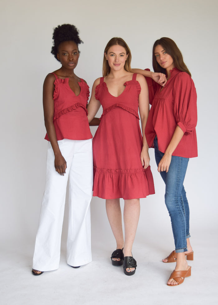 High Neck Top Burgundy Seersucker