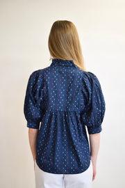 High Neck Top Navy Swiss Dot