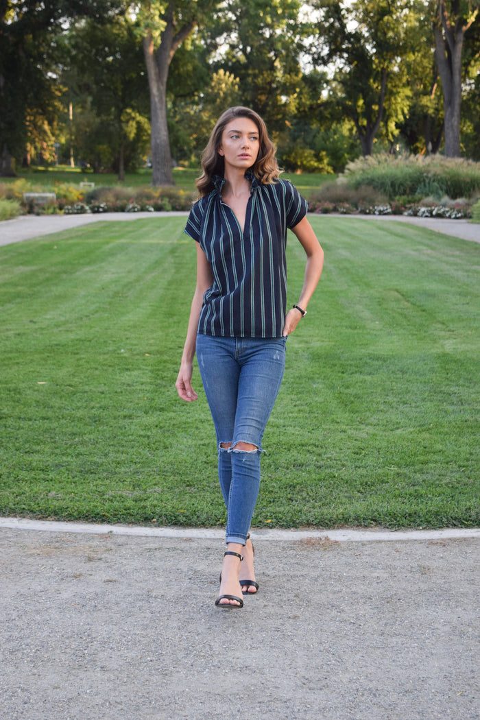 Vicki Short Sleeve Top Navy/Green Stripe
