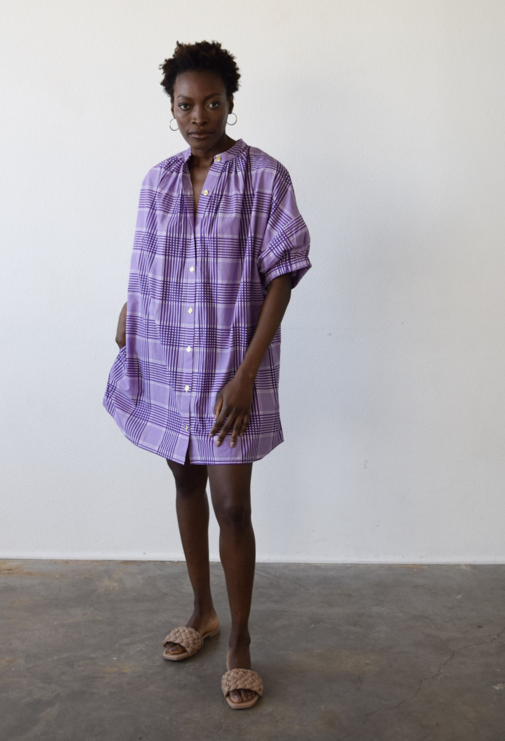 Elastic Sleeve Dress Purple Cotton Plaid NeverAWallflower Elastic Sleeve Dress Purple Cotton Plaid NeverAWallflower
