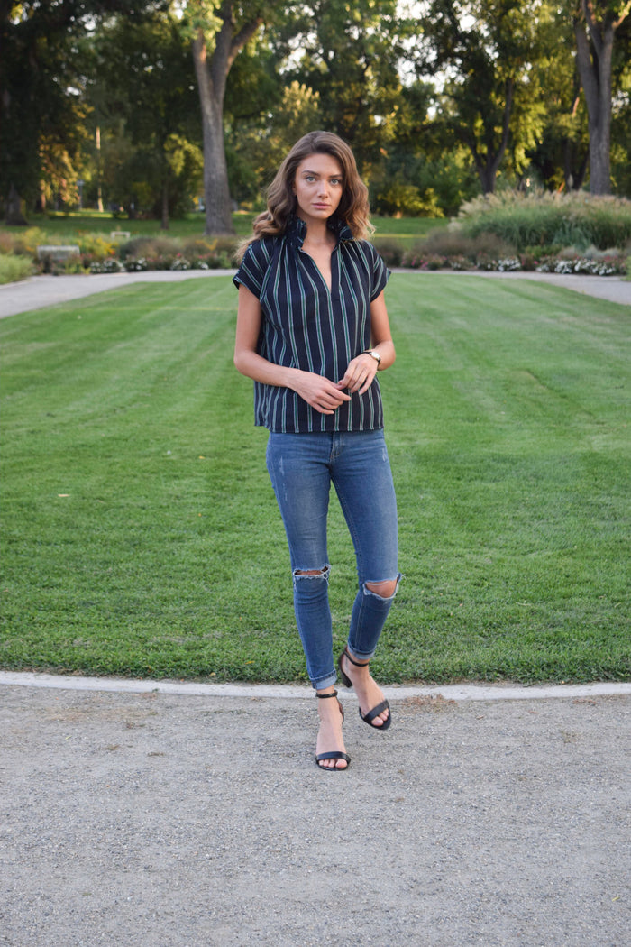 Vicki Short Sleeve Top Navy/Green Stripe