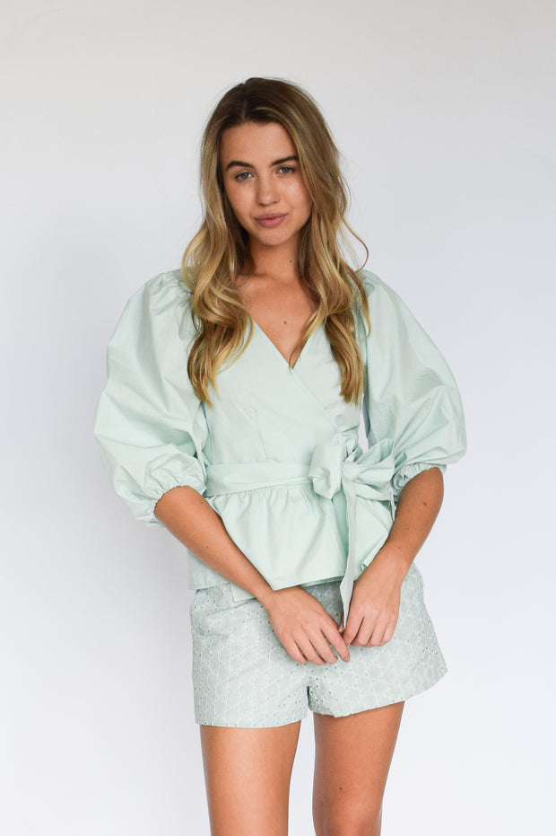 Mint Poplin Wrap Top