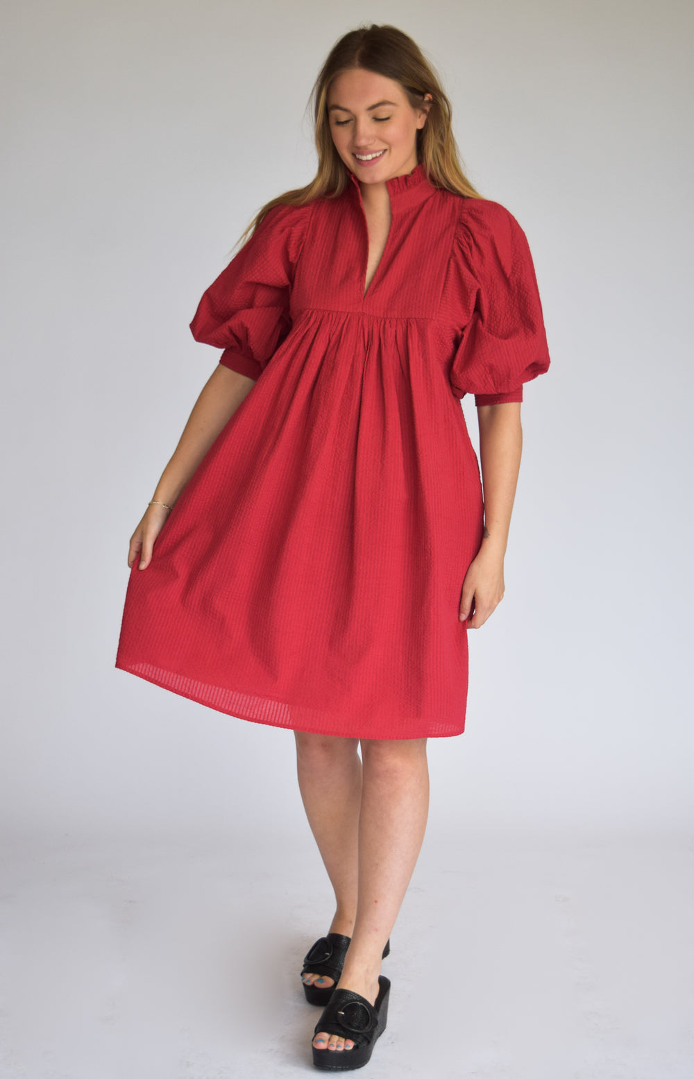 High Neck Dress Burgundy Waffle Cotton Red / S