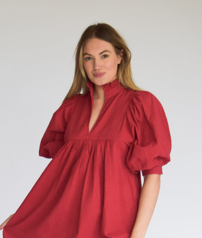 High Neck Top Burgundy Seersucker