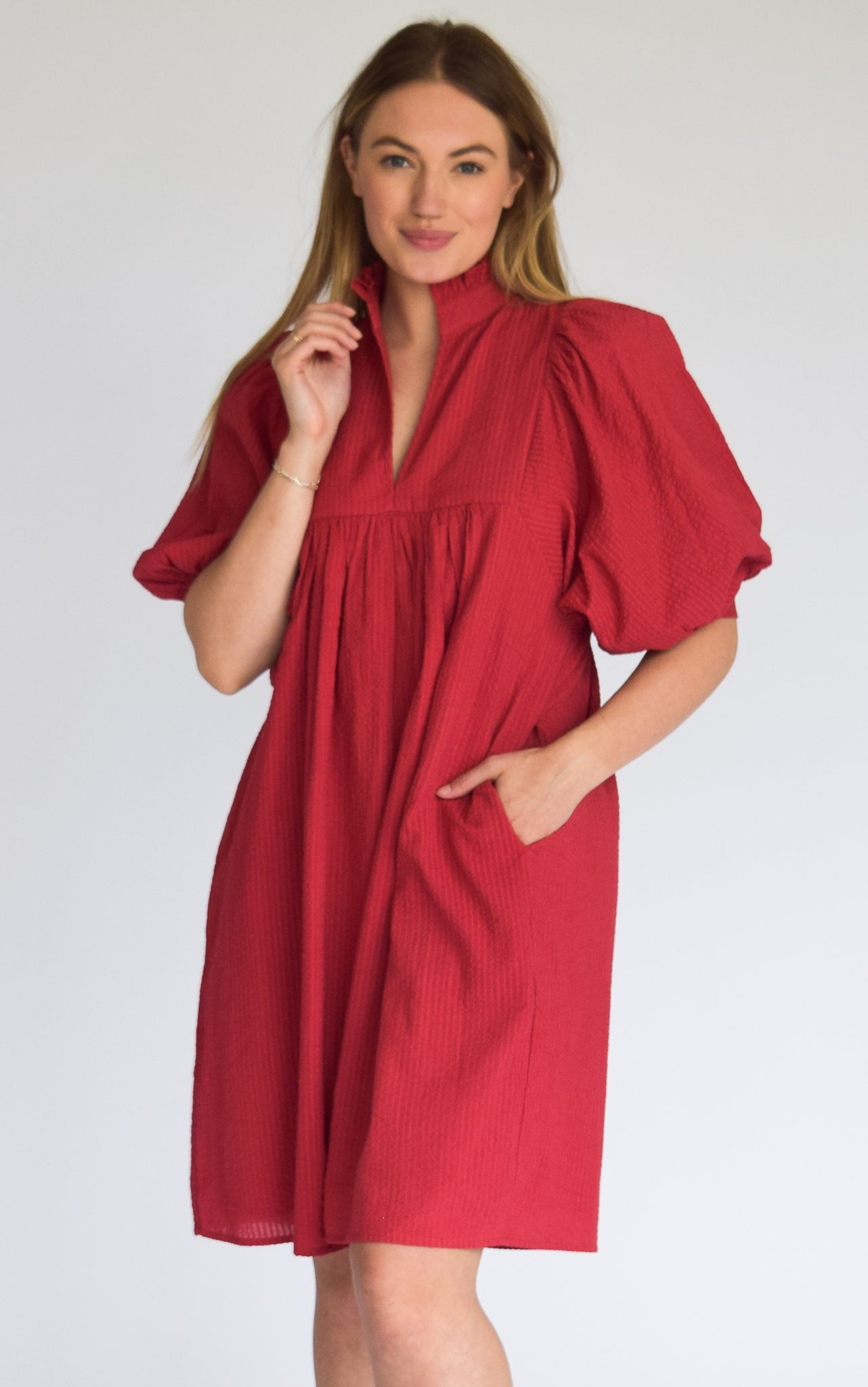 High Neck Dress Burgundy Waffle Cotton Red / S