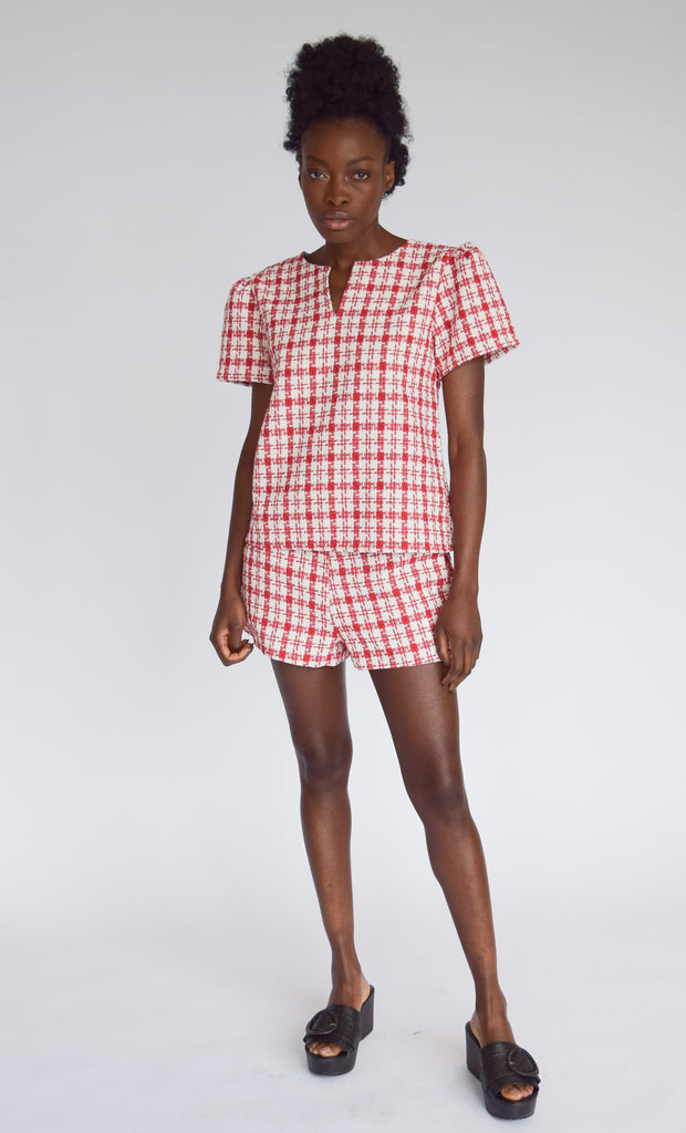 High Waist Shorts Red & White Tweed