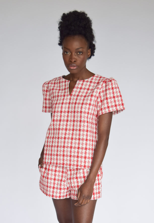 High Waist Shorts Red & White Tweed
