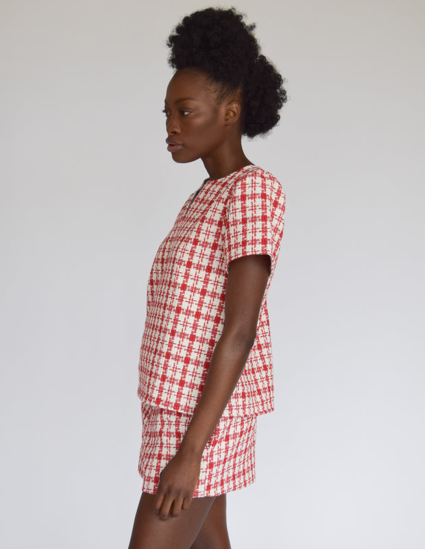 High Waist Shorts Red & White Tweed