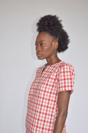 Jewel Neck Short Sleeve Top Red & White Tweed