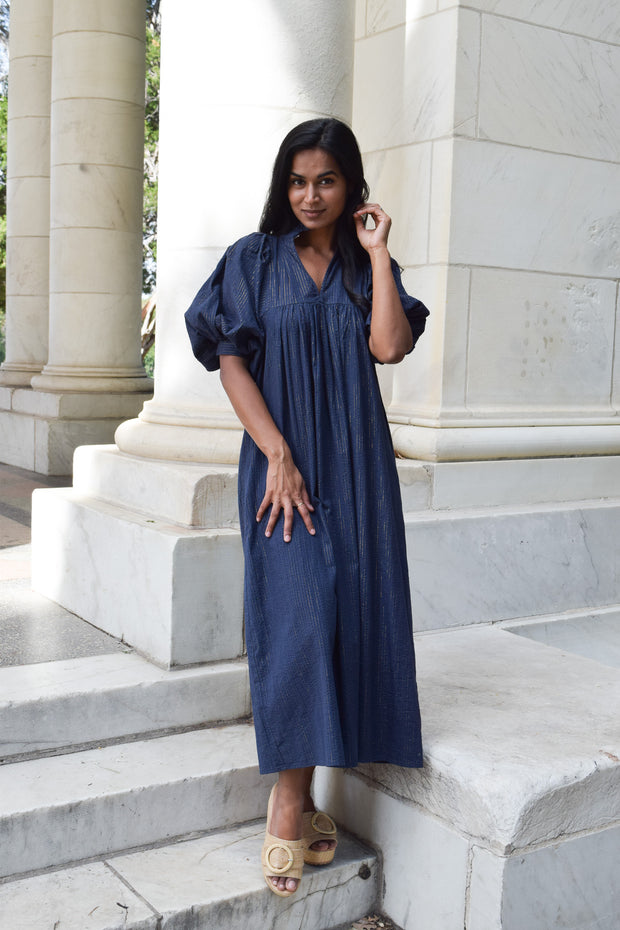 Navy Gold Pin Stripe High Neck Midi Dress