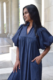 Navy Gold Pin Stripe High Neck Dress