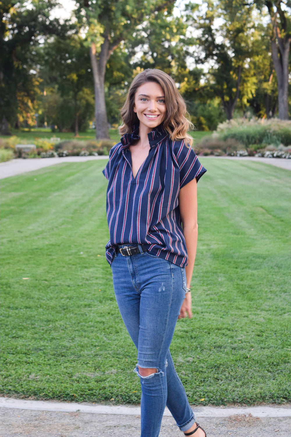 Navy/Red Stripe Vicki Short Sleeve Top - Main Image