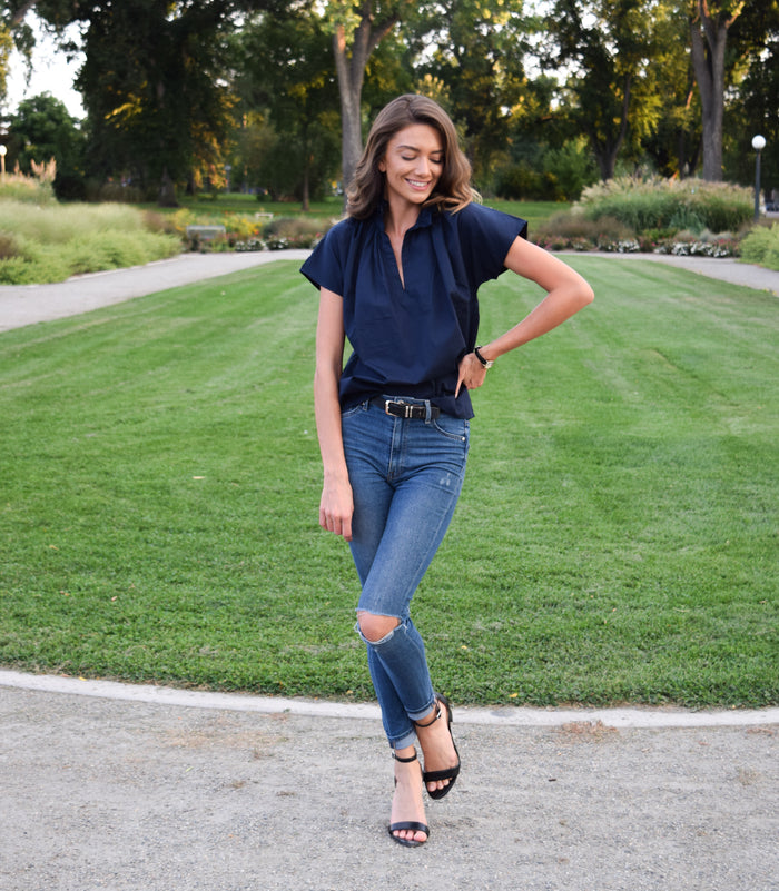 Vicki Short Sleeve Top Navy Poplin