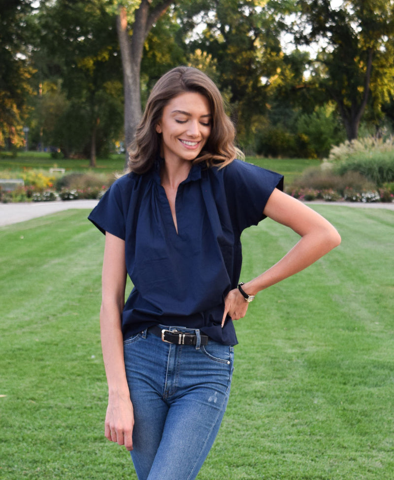 Vicki Short Sleeve Top Navy Poplin