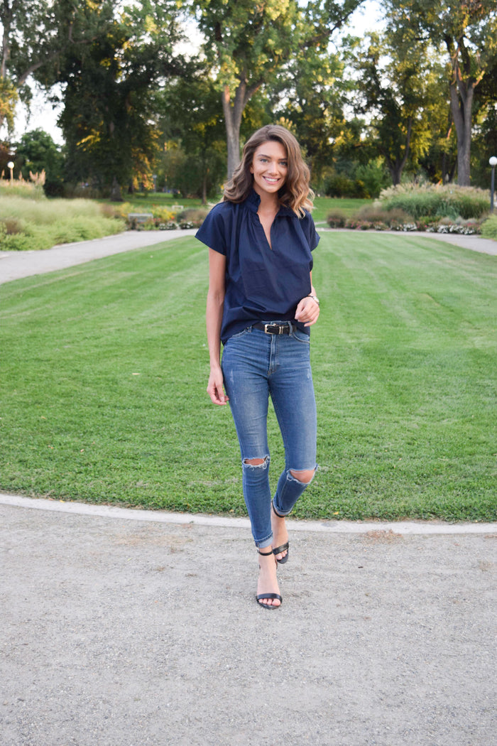 Vicki Short Sleeve Top Navy Poplin