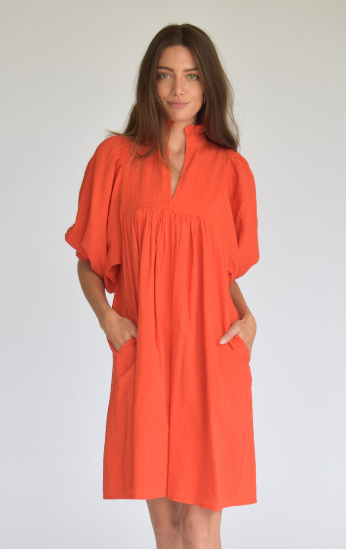 High Neck Dress Fire Orange Seersucker