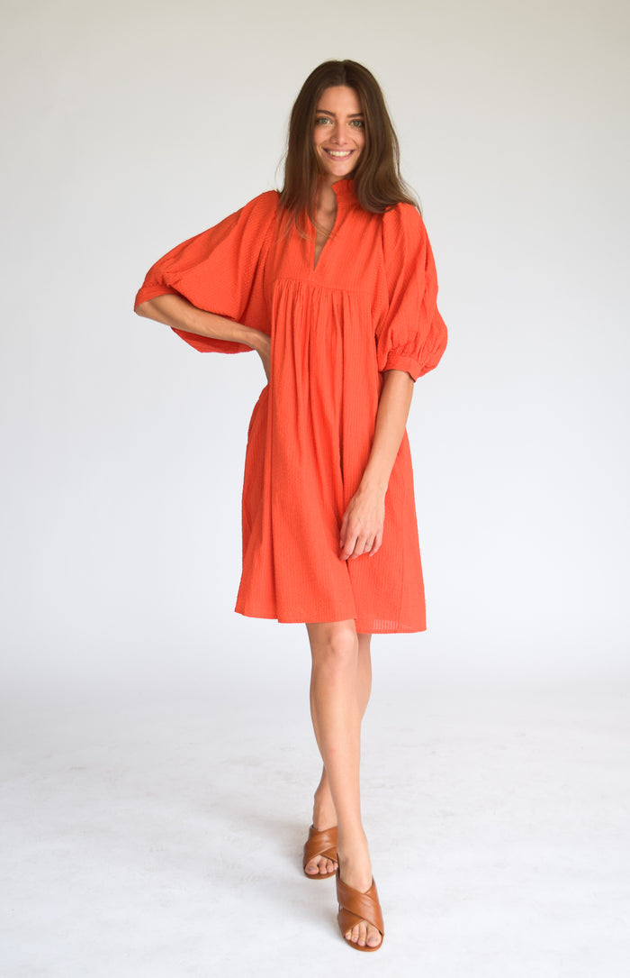 High Neck Dress Fire Orange Seersucker