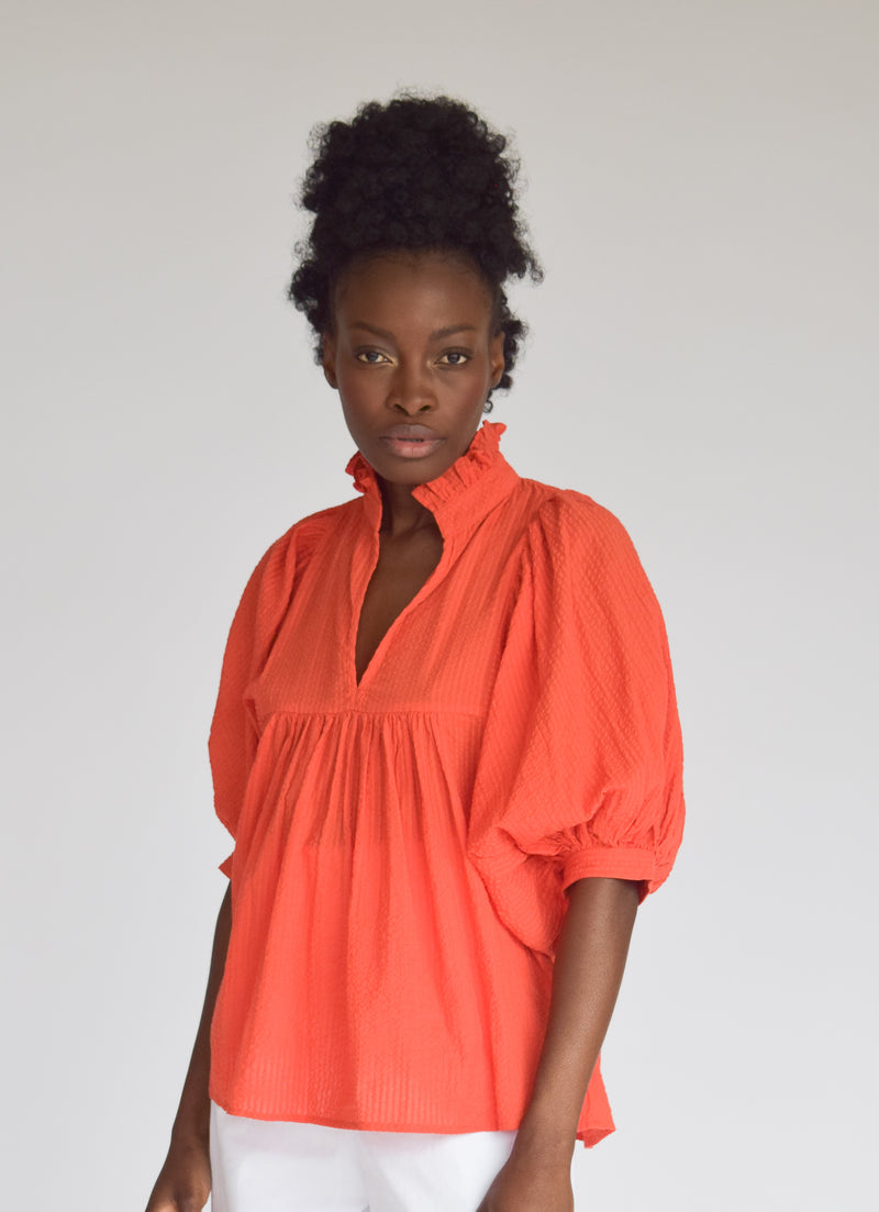 High Neck Top Fire Orange Seersucker