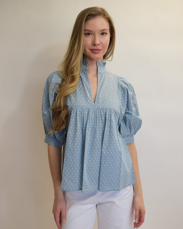 Denim Blue Swiss Dot High Neck Top