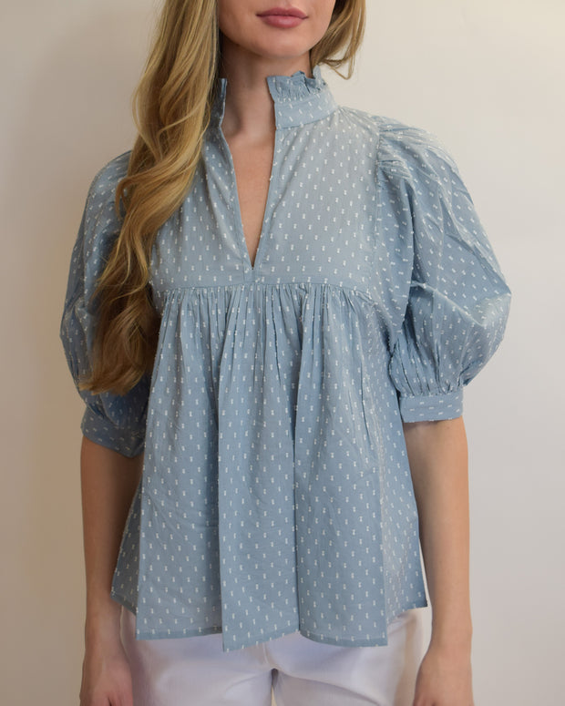 Denim Blue Swiss Dot High Neck Top