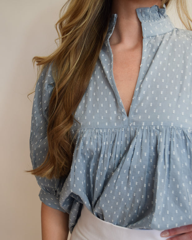 Denim Blue Swiss Dot High Neck Top