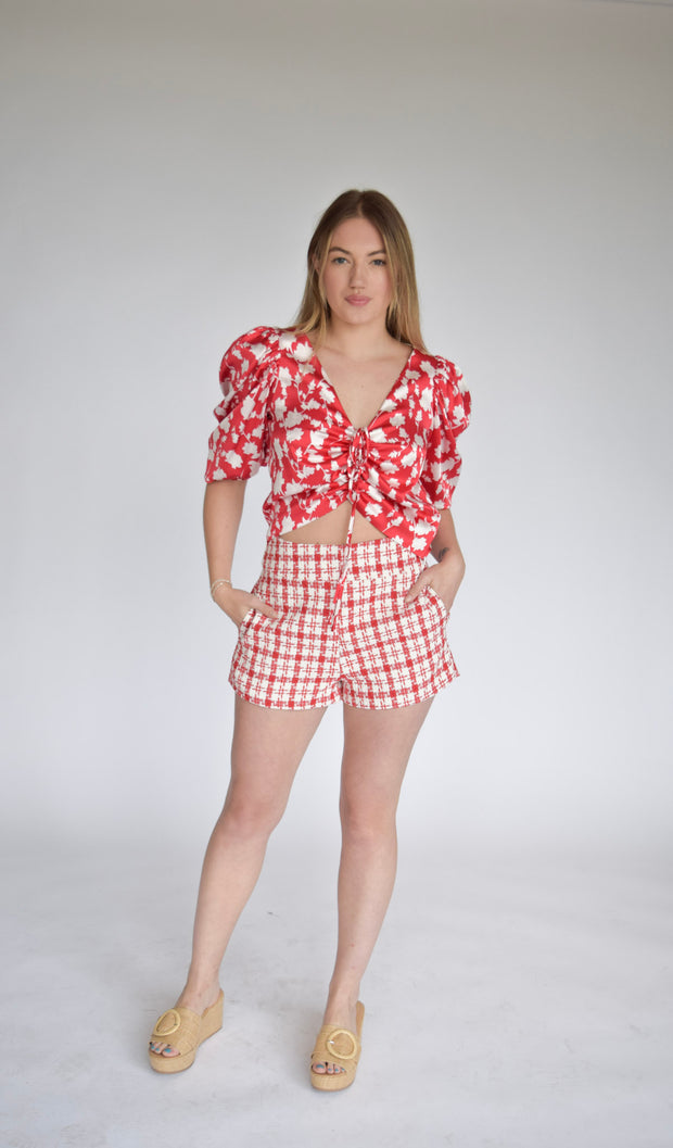 High Waist Shorts Red & White Tweed