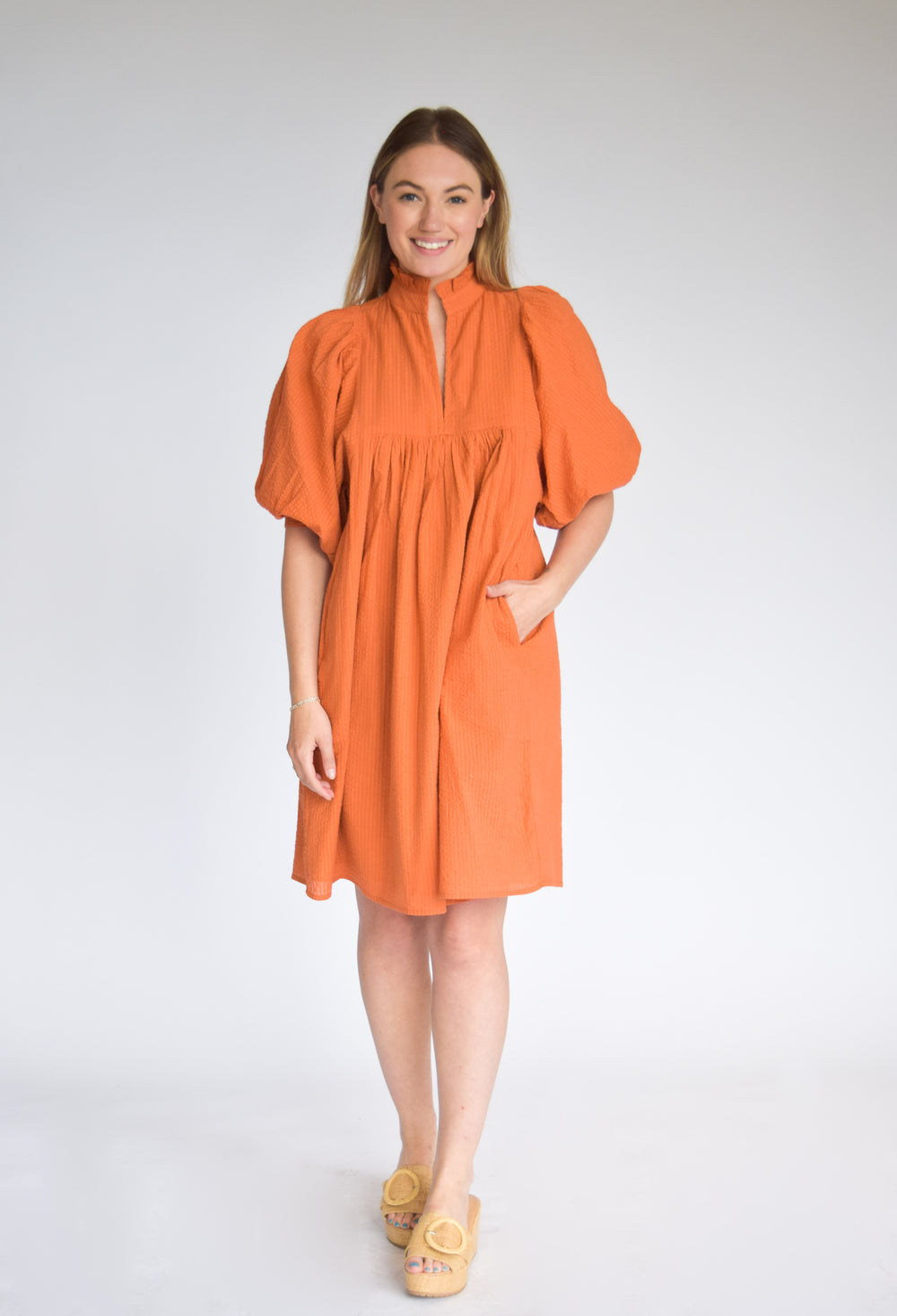 High Neck Dress Burnt Orange Seersucker