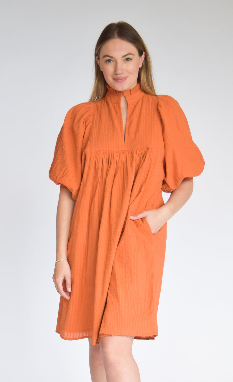 High Neck Dress Burnt Orange Seersucker