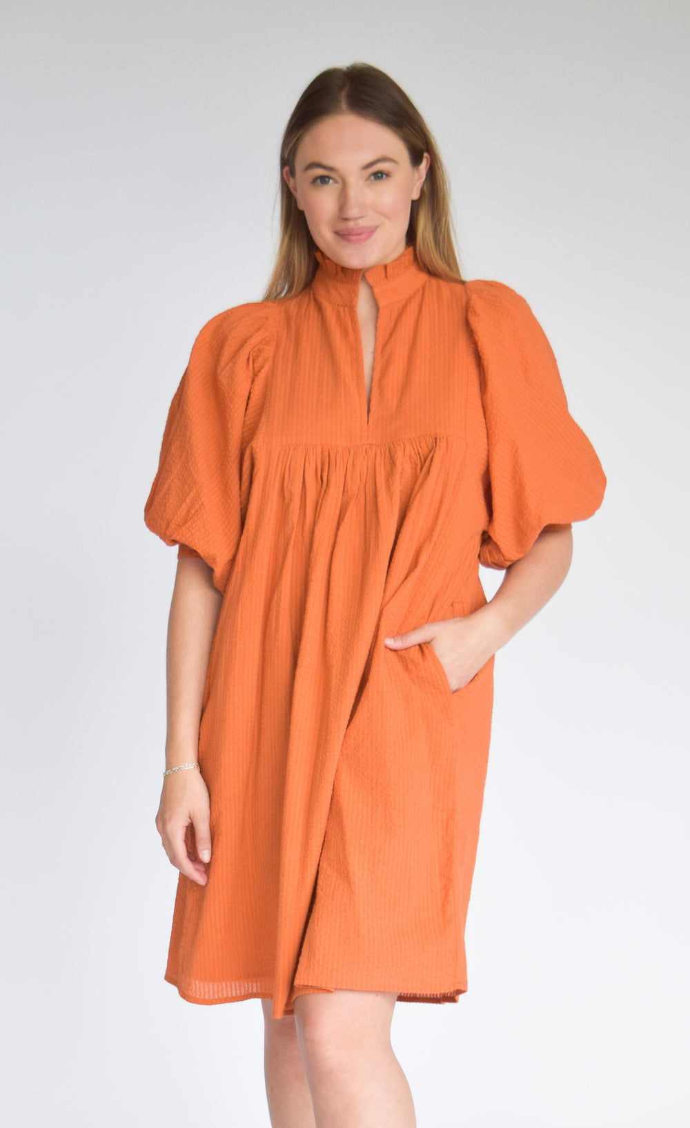 High Neck Dress Burnt Orange Seersucker