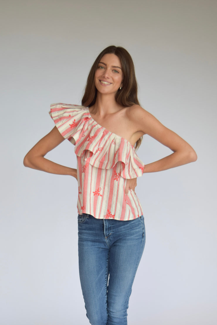 True Red Stripe Embroidery One Shoulder Top