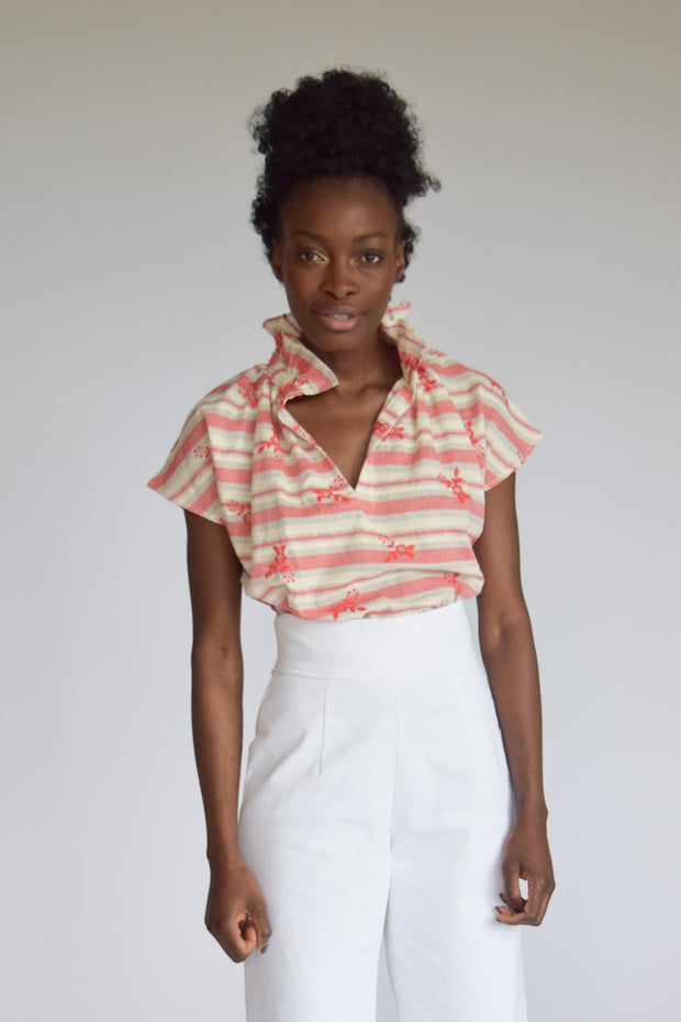 True Red Stripe Embroidery Vicki Short Sleeve Top
