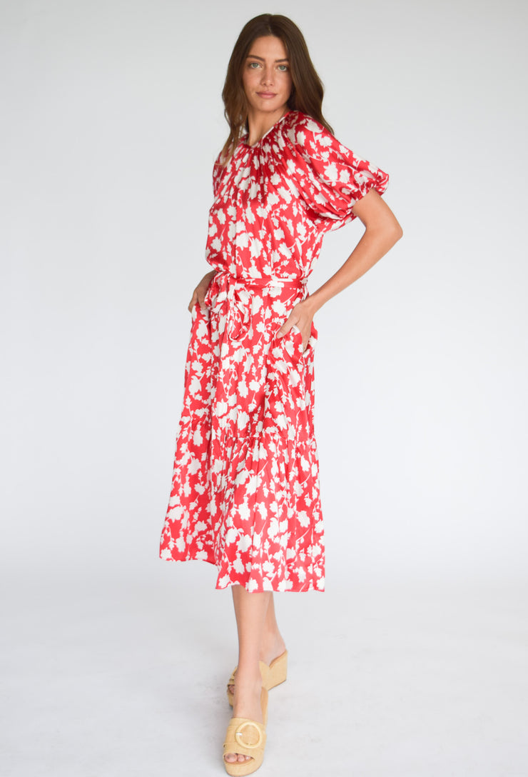 Gathered Neck Dress Shadow Floral Red & White