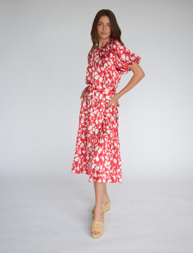 Gathered Neck Dress Shadow Floral Red & White