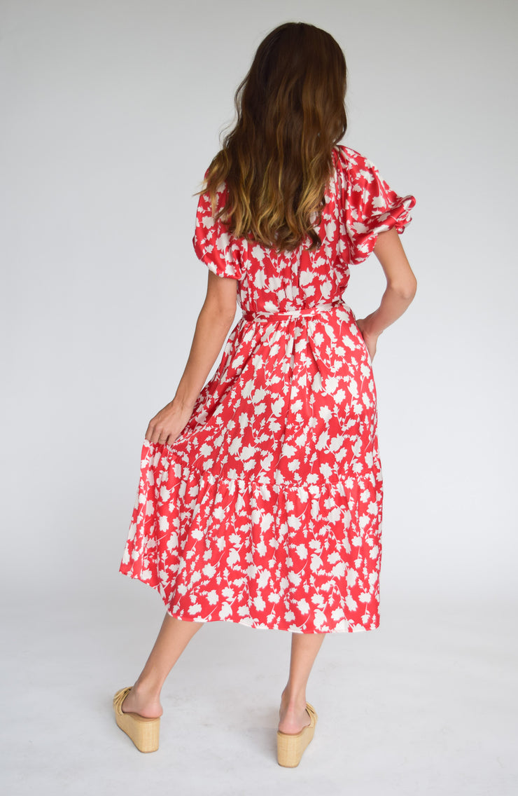 Gathered Neck Dress Shadow Floral Red & White