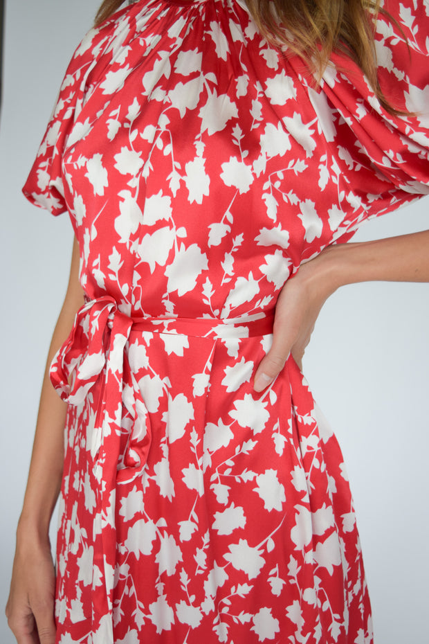 Gathered Neck Dress Shadow Floral Red & White