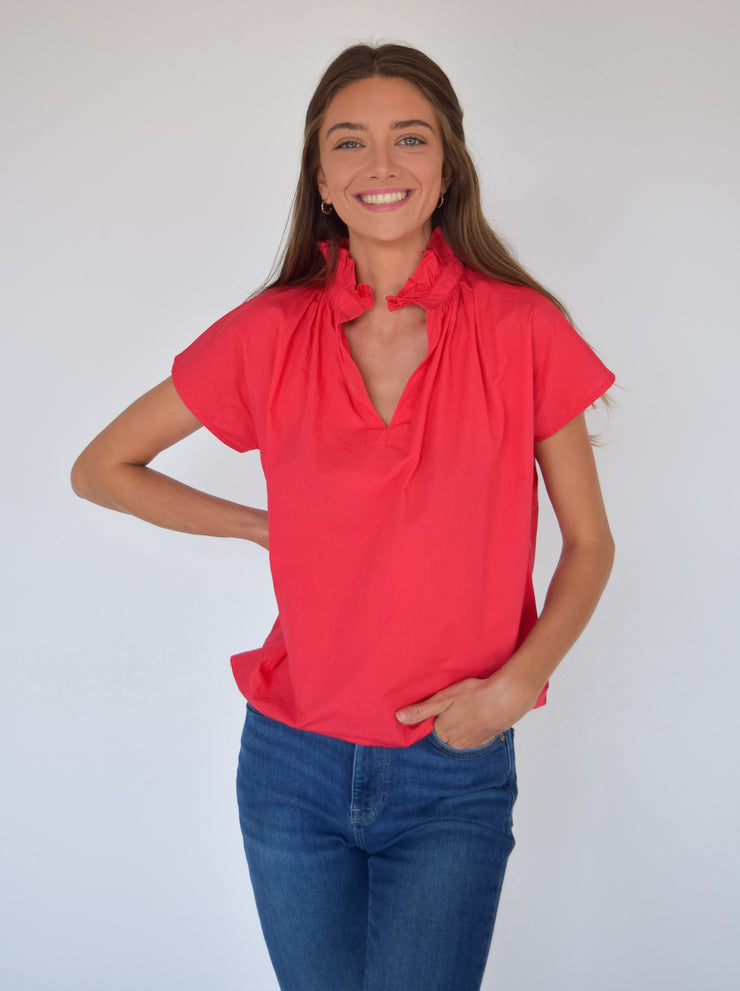 Vicki Short Sleeve Top Red Solid Cotton Cambric